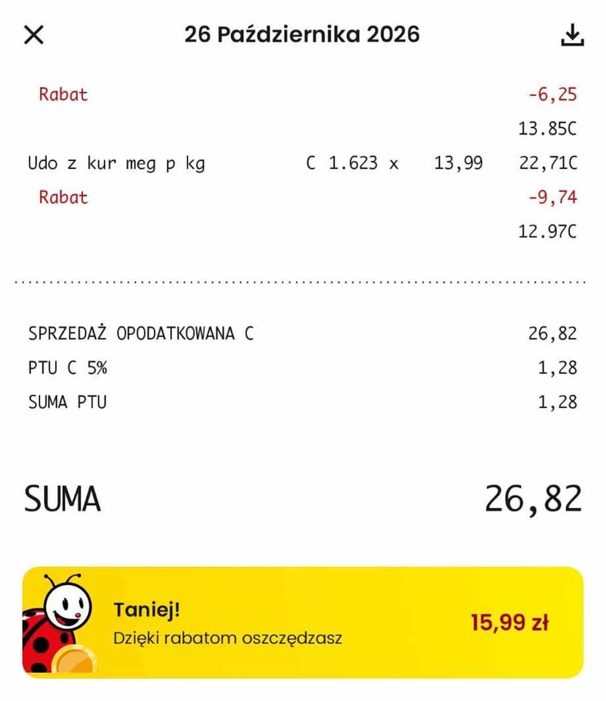Paragon z zakupu mięsa z uda kurczaka z aplikacji Moje Biedronka
