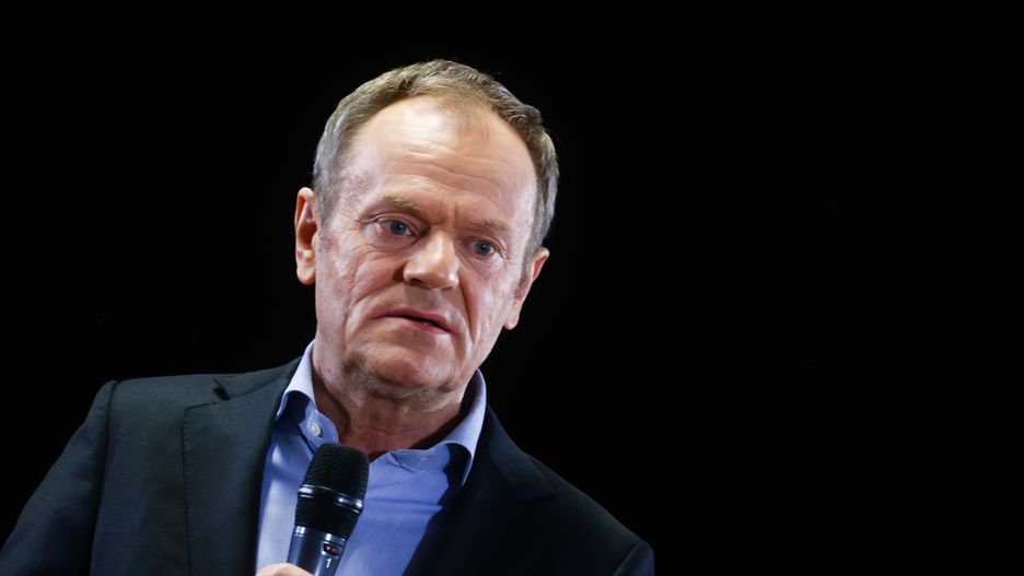 Donald Tusk, the leader of the largest opposition party, Civic Platform (PO), speaks during his visit in Pszczyna, Silesia region of Poland on March 20. 2023.  (Photo by Beata Zawrzel/NurPhoto via Getty Images)