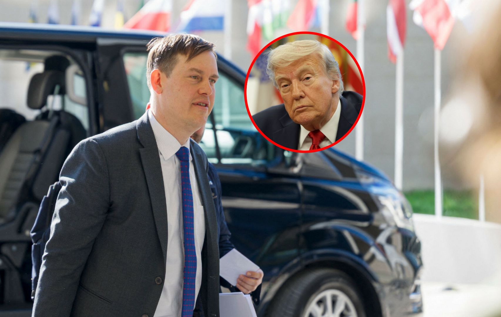 Na zdjęciu wiceminister rozwoju i technologii Michał Baranowski, w kółku Donald Trump
