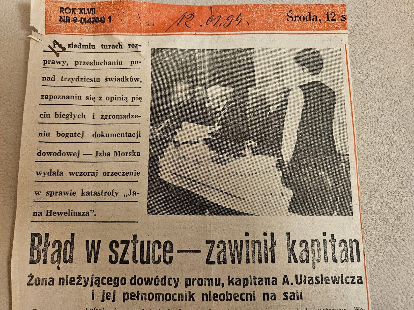 "Głos Szczeciński" z relacją z orzeczenia Izby Morskiej, 1994 r.
