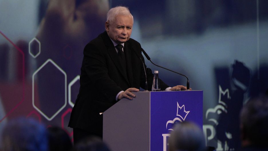 Party leader and de facto government leader Jaroslaw Kaczynski is seen speaking at the Law and Justice convention on 13 May, 2023 in Warsaw, Poland. Kaczynski announced a significant increase in child benefits, toll-free roads and free medication for children and seniors if they win this fall's parliamentary elections. Businessleaders have criticized the idea after previous increases in benefits are said to have contributed to rampant inflation figures. (Photo by Jaap Arriens/NurPhoto via Getty Images)