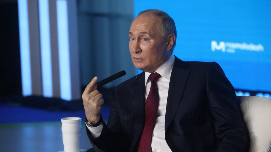 SOCHI, RUSSIA - MARCH 6:  (RUSSIA OUT) Russian Preisdent Vladimir Putin gestures during a meeting with participants of the International Youth Festival, March 6, 2024 in Sirius territory, Sochi, Russia. Putin is visiting the Stavropolsky Krai and Krasnodar Krai regions in the southern part of the country ahead of the presidential elections scheduled March 15-17.  (Photo by Contributor/Getty Images)