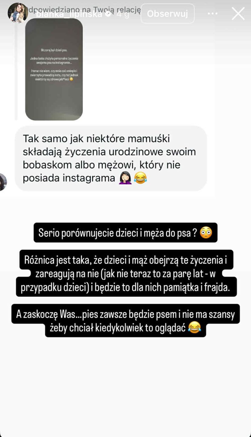 Blanka Lipińska drwi z osób, które składają życzenia psom
