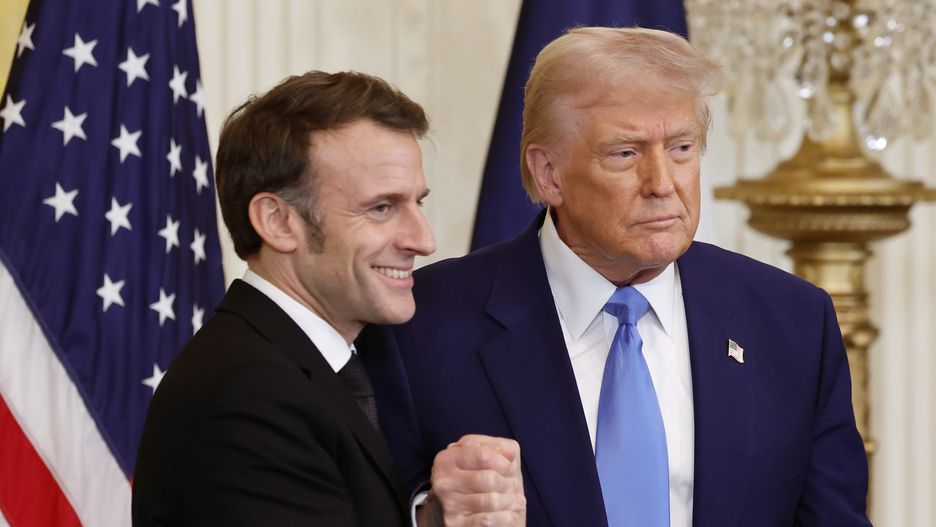 WASHINGTON, DC - FEBRUARY 24: U.S. President Donald Trump and French President Emmanuel Macron shakes hands during a joint press conference in the East Room at the White House on February 24, 2025 in Washington, DC. Macron is meeting with Trump in Washington on the third anniversary of Russia's full-scale military invasion of Ukraine. (Photo by Chip Somodevilla/Getty Images)