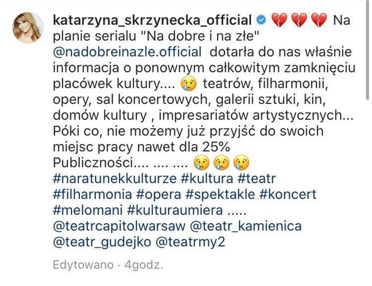 Katarzyna Skrzynecka martwi się zamknięciem teatrów