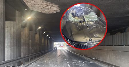 Oberwał się strop w tunelu. Beton zmiażdżył skodę