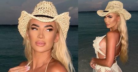 Okryta siateczką Izabela Macudzińska pozuje w bikini
