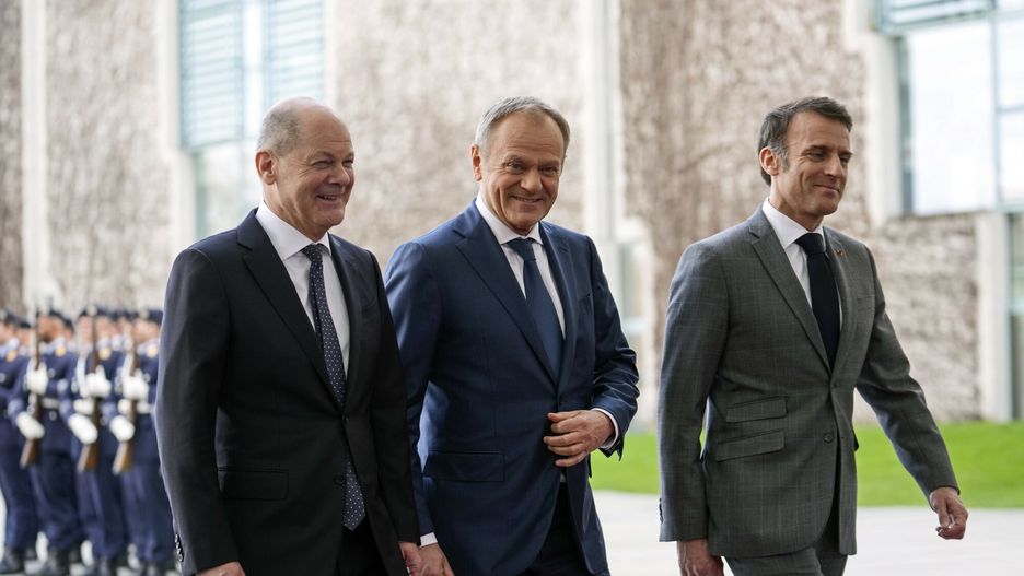 Olaf Scholz, Donald Tusk i Emmanuel Macron