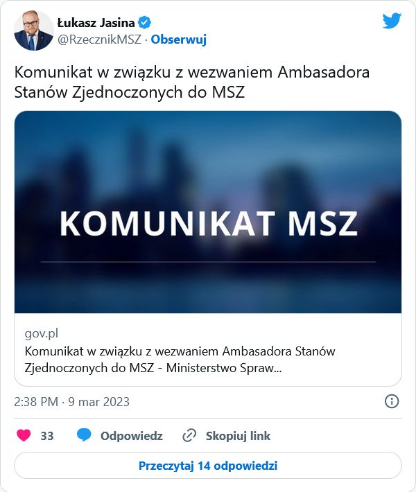 Tak wyglądała publikacja rzecznika MSZ. On także użył słowa "wezwanie".