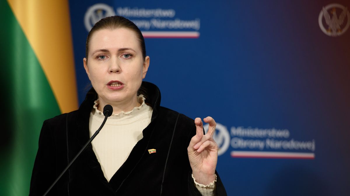 Lithuania's Defence Minister Dovile Sakaliene (L) adjusts her headphone as she takes part in a press briefing with her counterpart, Polish Deputy Prime Minister and Defence Minister Wladyslaw Kosiniak-Kamysz during a bilateral meeting on March 13, 2025 in Warsaw, Poland.
