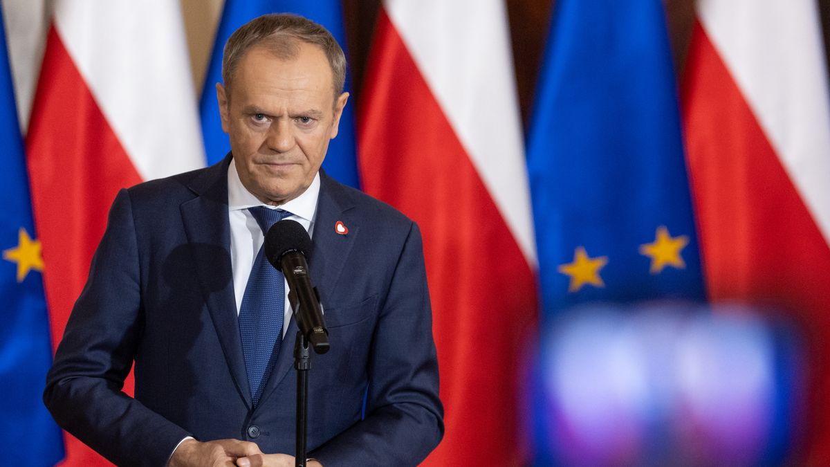 Polish Prime Minister Donald Tusk is speaking during a press conference after a government meeting in Warsaw, Poland, on January 3, 2024. (Photo by Foto Olimpik/NurPhoto via Getty Images)