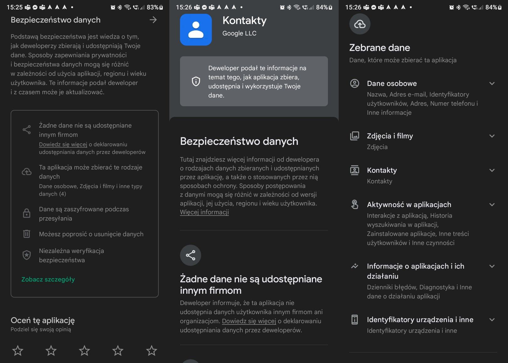 Informacje na temat Bezpieczeństwa danych w aplikacji Kontakty Google