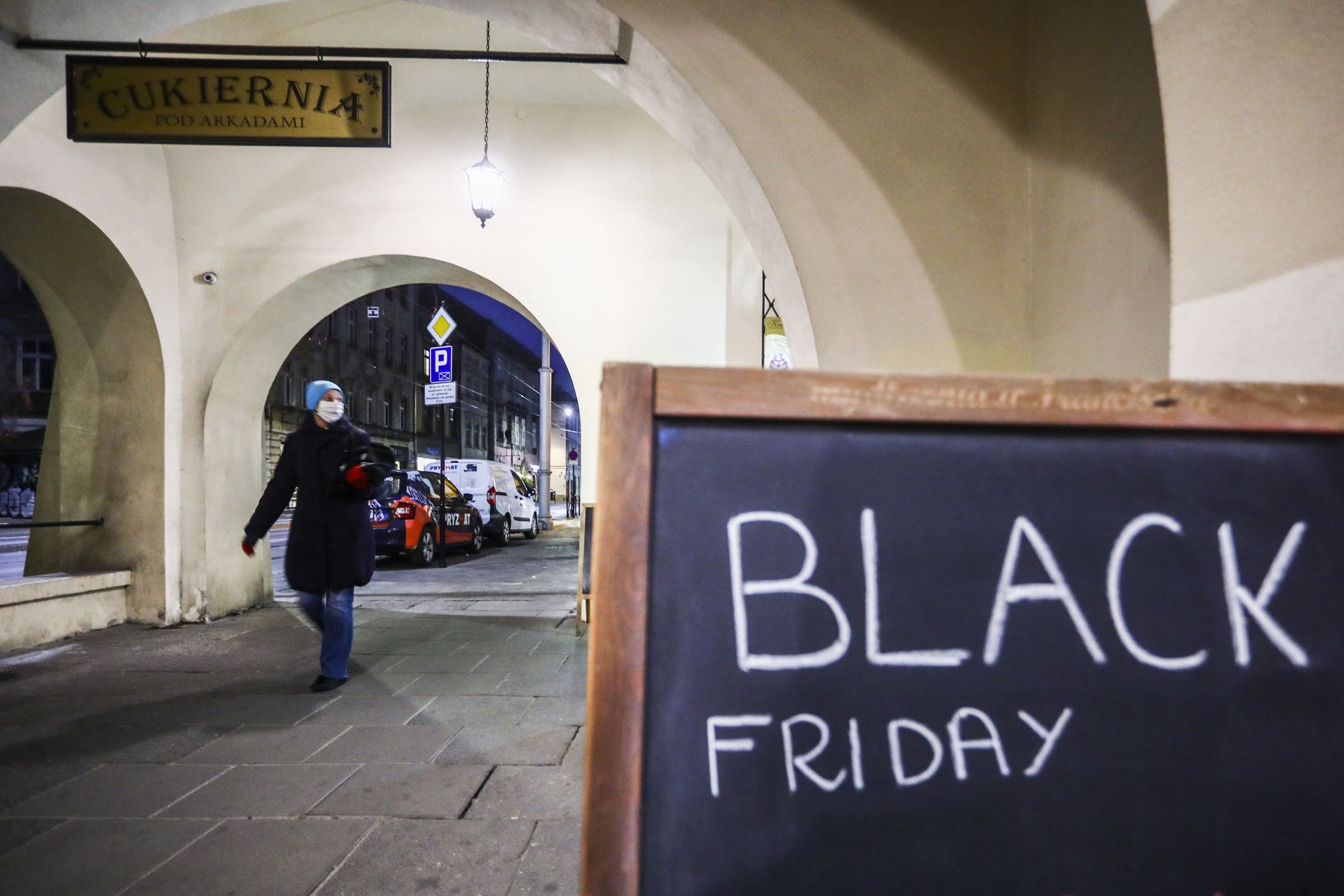 Black Friday sign is seen on the eve of Black Friday Day in Krakow, Poland on November 26, 2020. Due to the spread of coronavirus pandemic a limited number of shops in Poland offers sales and promotions. All shops located inside shopping malls are closed until a Saturday after Black Friday.  (Photo by Beata Zawrzel/NurPhoto via Getty Images)