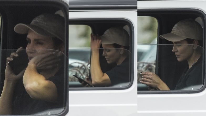 Sara Boruc gawędzi przez telefon za kierownicą mercedesa