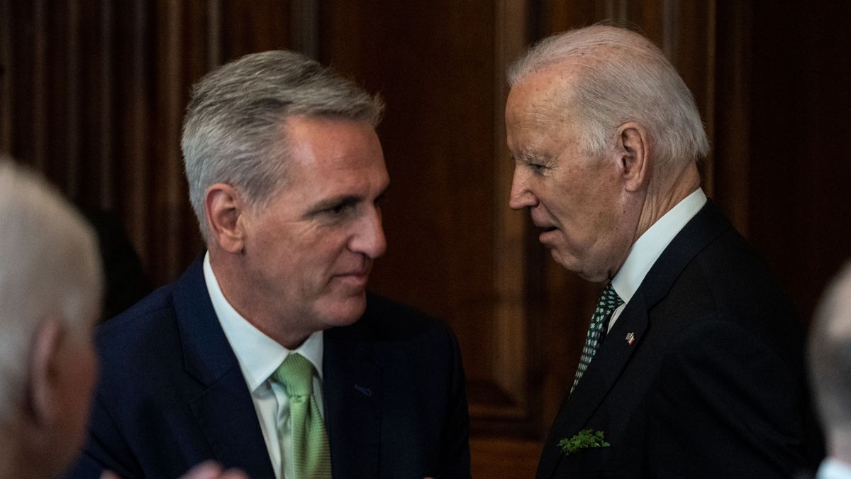 WASHINGTON, DC - MARCH 17: President Joe Biden, walks past Speaker of the House Kevin McCarthy (R-CA) after delivering remarks at the annual Friends of Ireland Caucus St. Patricks Day Luncheon in the Rayburn Room of the U.S. Capitol on Friday, March 17, 2023 in Washington, DC. The Friends of Ireland caucus was founded in 1981 by the late Irish-American politicians Irish-American politicians Sen. Ted Kennedy (D-MA), Sen. Daniel Moynihan (D-NY) and former Speaker of the House Tip ONeill (D-MA). (Kent Nishimura / Los Angeles Times via Getty Images)