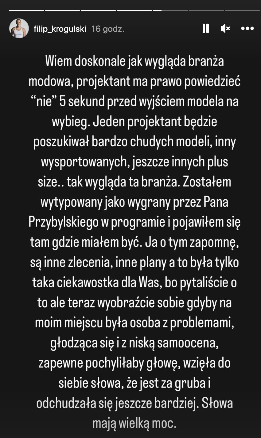 Uczestnik "Top Model" odpowiada na komentarz Mariusza Przybylskiego