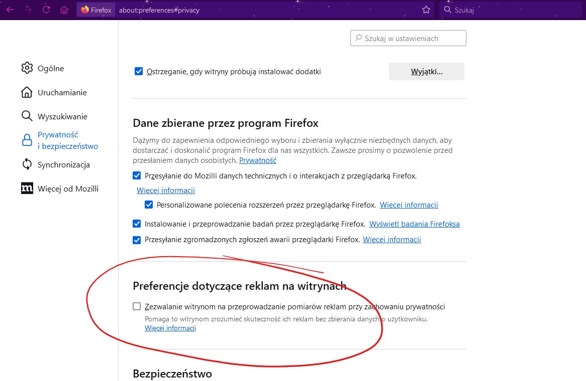 Firefox - ustawienia prywatności