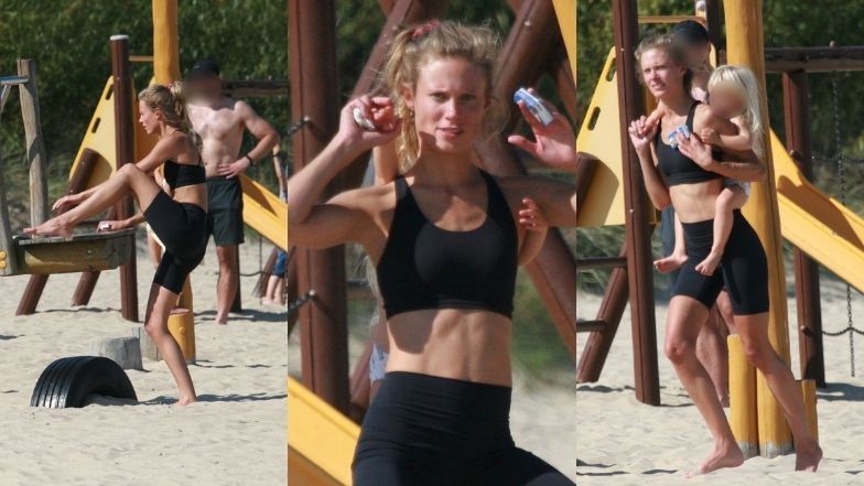Julia Pietrucha dokazuje z córką na plaży