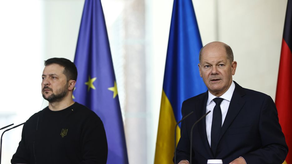 BERLIN, GERMANY - FEBRUARY 16: German Chancellor Olaf Scholz and Ukrainian President Volodomyr Zelensky attend the joint press conference at the Chancellery on February 16, 2024 in Berlin, Germany. Zelensky is in Germany to attend the Munich Security Conference. Scholz has been an outspoken supporter of military and financial aid to Ukraine, particularly as he seeks to rally other European nations to commit more in the face of what will very possibly be dwindling American support for Ukraine. Germany is the second largest donor of assistance to Ukraine after the USA. (Photo by Michele Tantussi/Getty Images)