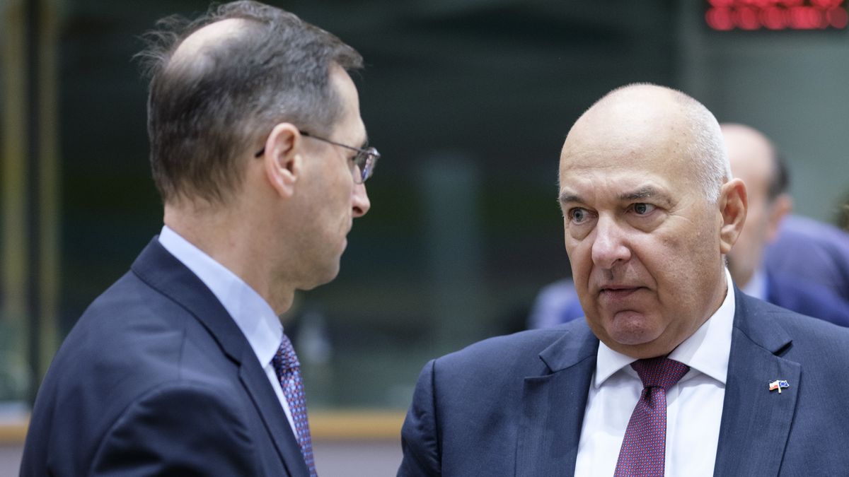 BRUSSELS, BELGIUM - FEBRUARY 18, 2020: Hungarian Finance Minister Mihaly Varga (L) is talking with the Polish Minister of Finance, Investment and Economic Development Tadeusz Koscinski (R) prior to a European Union EcoFin Ministers meeting in the Europa building, the EU Council headquarter on February 18, 2020 in Brussels, Belgium. The Council will adopt a revised list of non-cooperative jurisdictions for tax purposes in the framework of new conclusions on this matter. As part of the EU's external strategy for taxation, the list contributes to ongoing efforts to prevent tax avoidance and promote tax good governance worldwide. (Photo by Thierry Monasse/Getty Images)