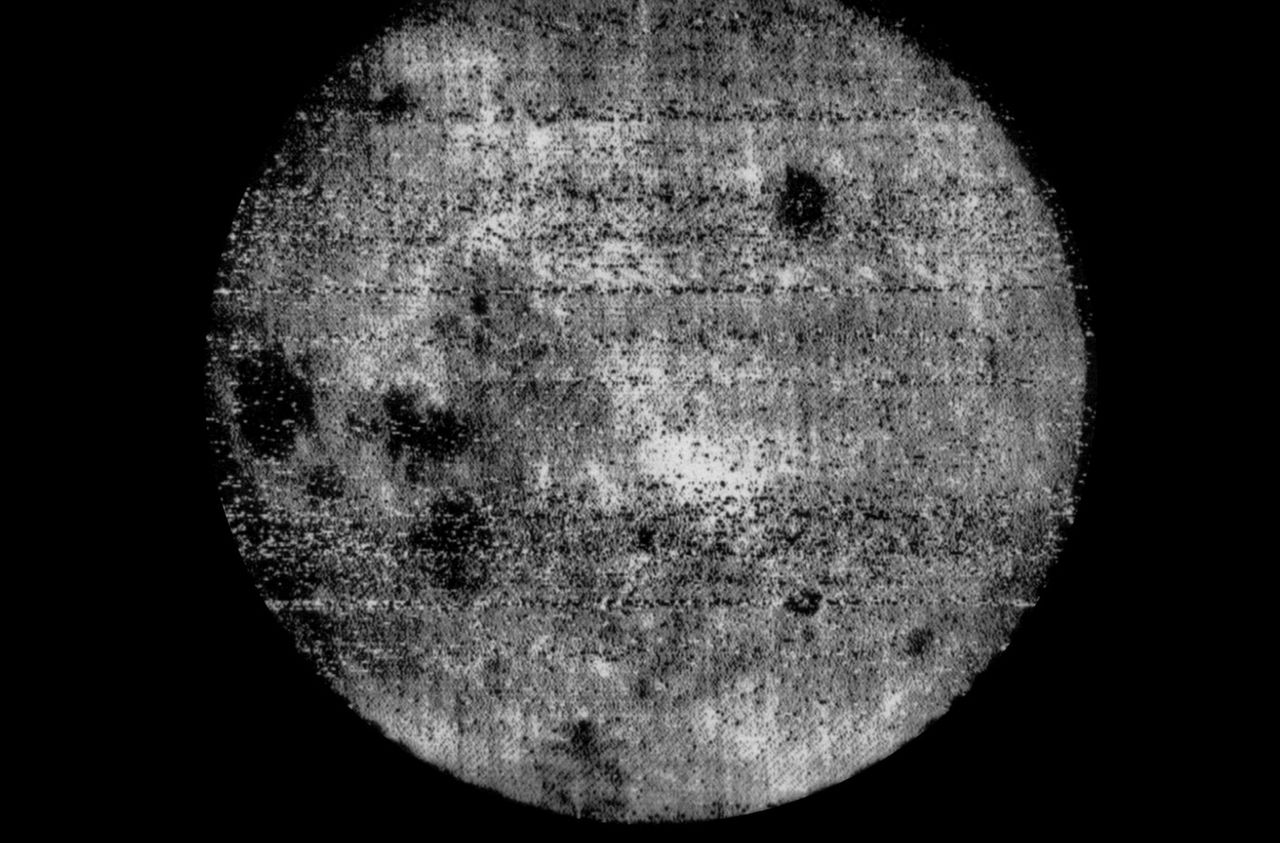 The first photo of the unseen side of the moon, taken by the Soviet probe Luna 3.