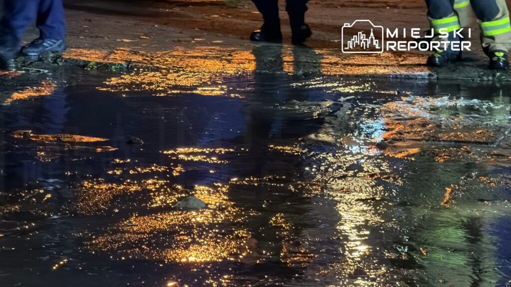 Na mokrej nawierzchni ulicy odbijają się światła, a w tle widać nogi osób w mundurach.