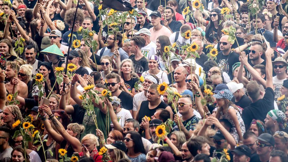 Public cheers during the opening ceremony of the PolandRock open-air music festival in Kostrzyn at Odra, Poland on August 1, 2019. Over 200 000 people is expected to participate in the festival making it one of the biggest music festivals in Europe. (Photo by Dominika Zarzycka/NurPhoto via Getty Images)