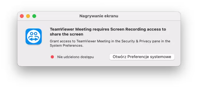 Dla przykładu pokazano TeamViewer , które wymaga uprawnień, aby udostępnić drugiej osobie podgląd naszego pulpitu.