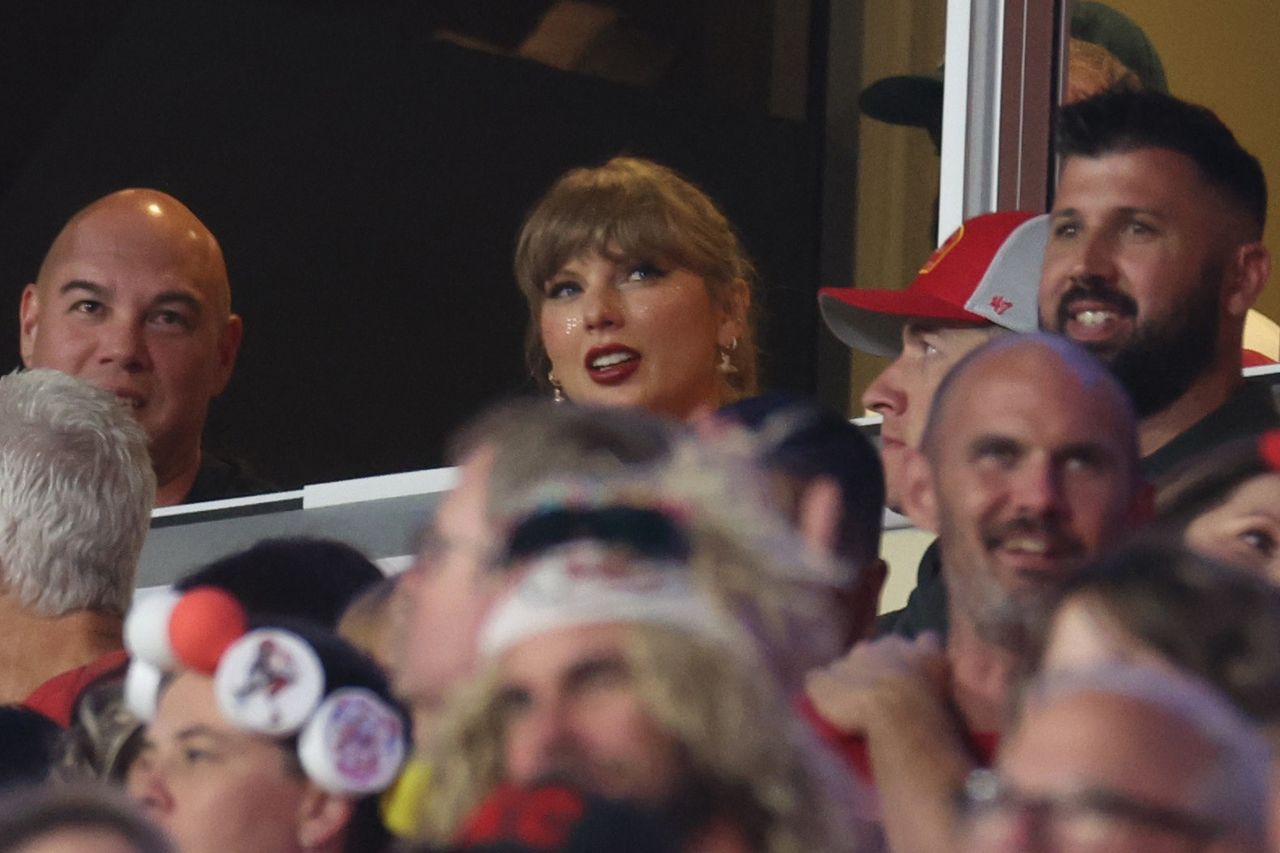 KANSAS CITY, MISSOURI - OCTOBER 07: Taylor Swift is seen in attendance during a game between the Kansas City Chiefs and the New Orleans Saints at GEHA Field at Arrowhead Stadium on October 07, 2024 in Kansas City, Missouri. (Photo by Jamie Squire/Getty Images)