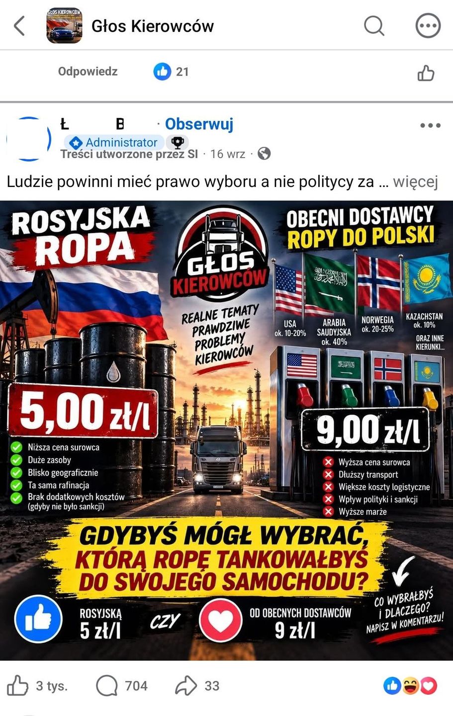 Screen z grupy "Głos Kierowców"