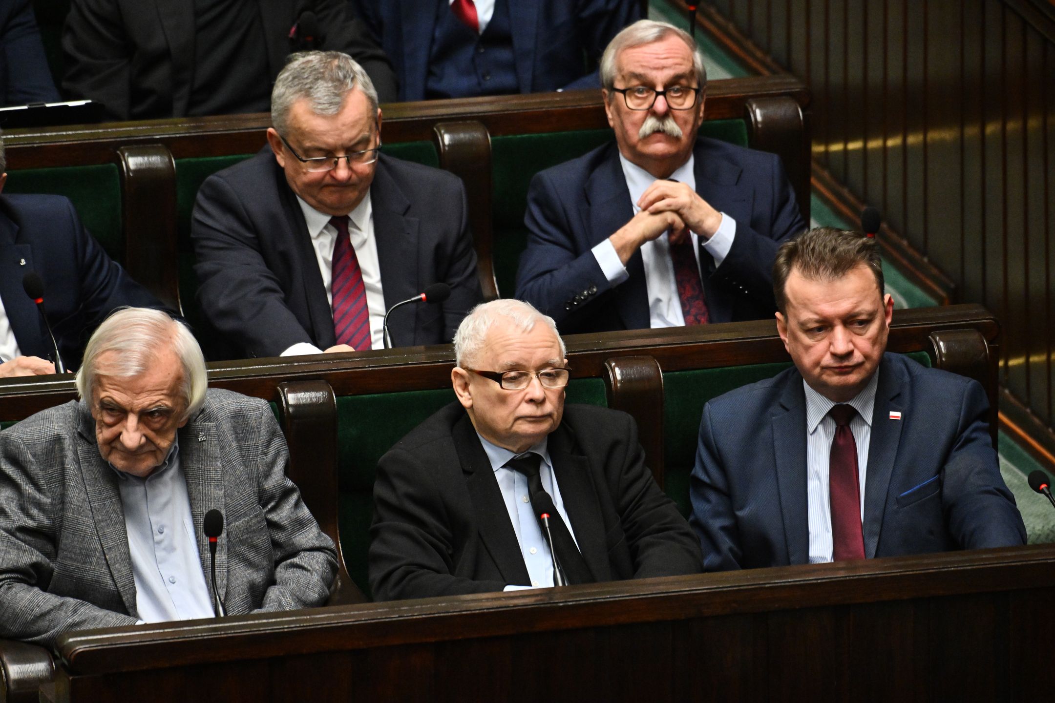 WARSAW, POLAND - MARCH 07:  The leader of Law and Justice Party, Jaroslaw Kaczynski  takes part on a voting to ban Russian and Belarussian agricultural products in Warsaw, Poland on March 07, 2024. The voting on the resolution comes after the Polish Prime Minister, Donald Tusk visit to Vilnius, where he called on the European Commission to impose sanctions on agricultural products from Russia, Belarus. (Photo by Omar Marques/Anadolu via Getty Images)