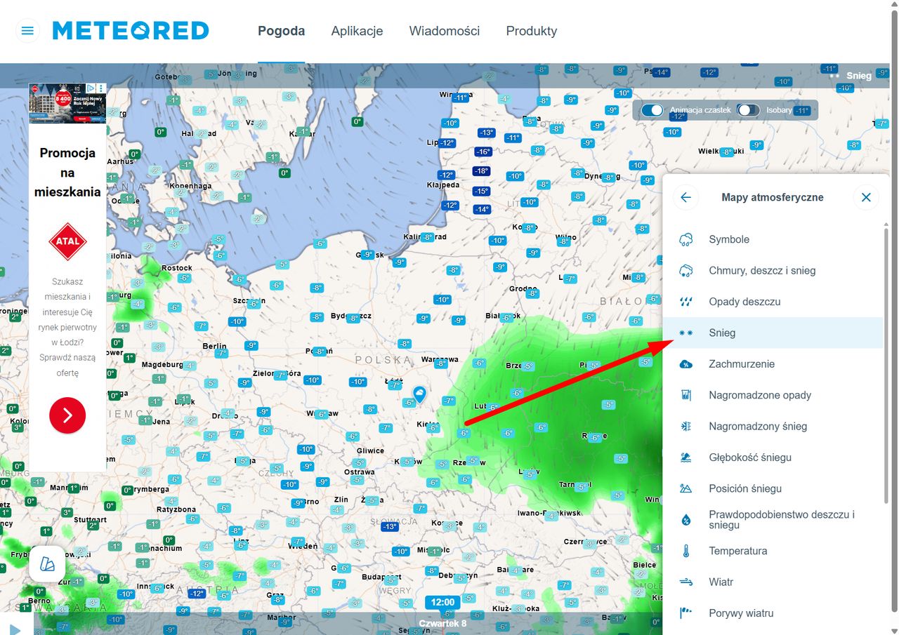 Mapa opadów śniegu w serwisie Meteored