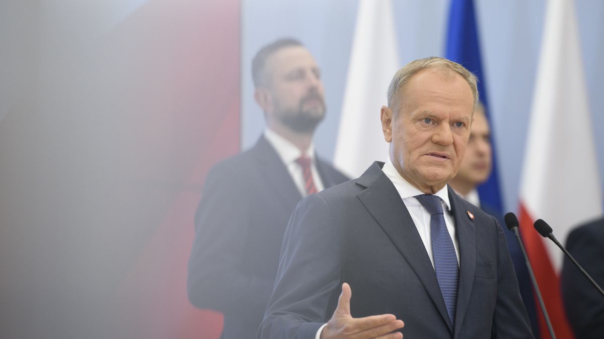 Polish Prime Minister Donald Tusk gestures as he speaks during a press briefing regarding government reshuffle, Wednesday, July 23, 2025 in Warsaw, Poland.