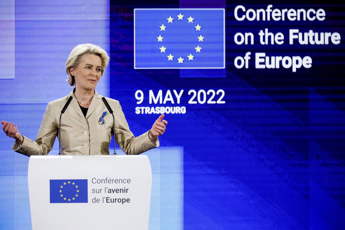 European Commission President Ursula von der Leyen delivers a speech during the closing event of the Conference on the Future of Europe at the European Parliament in Strasbourg, France, 09 May 2022. EPA/RONALD WITTEK Dostawca: PAP/EPA.