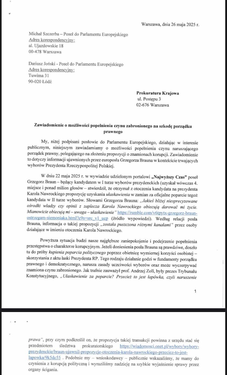 Wniosek do prokuratury w sprawie rzekomej propozycji ułaskawieni