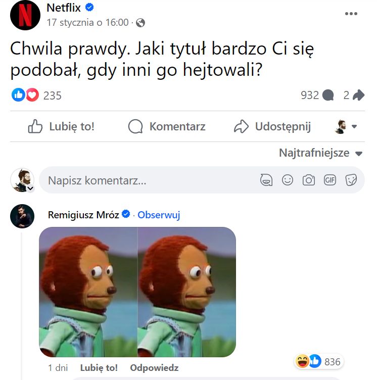 Remigiusz Mróz z reakcją na wpis Netfliksa 