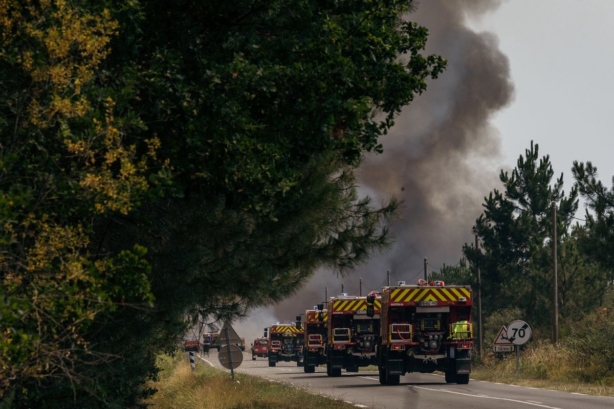 In Gironde,Not far from Landuras,the fire is getting closer to the villages,like here in Hostens,the firemen are doing their best to contain the flames , in Landiras, France, on july 18, 2022. (Photo by Jerome Gilles/NurPhoto via Getty Images)