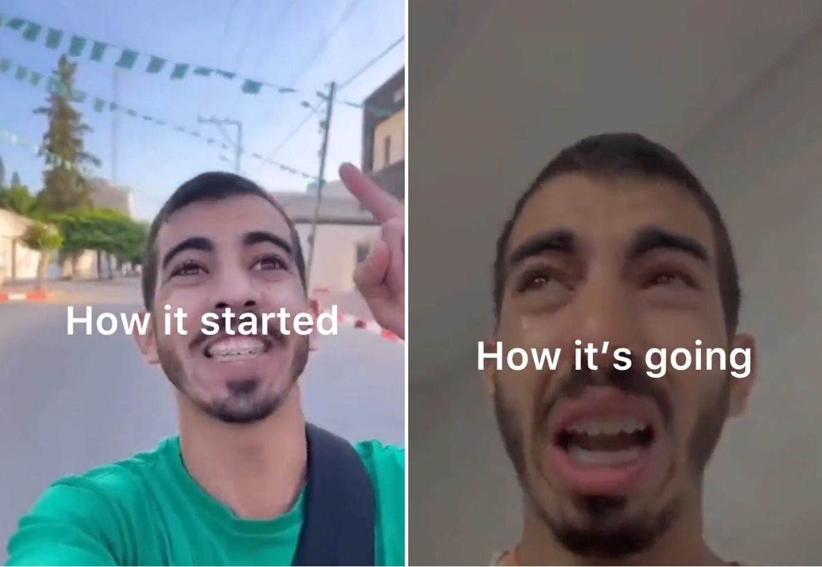 The reaction of a Palestinian when he saw rockets