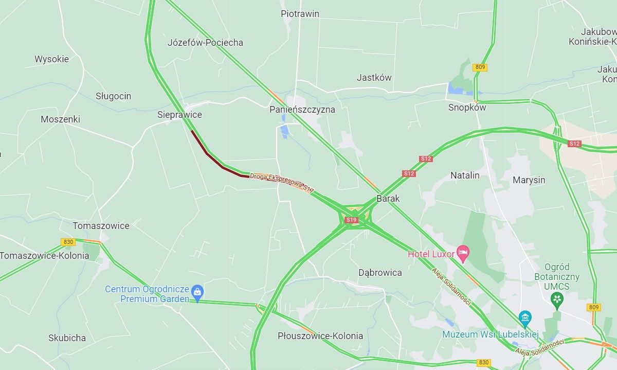 Lokalizacja wypadku na S17 w m. Panieńszczyzna przed Lublinem