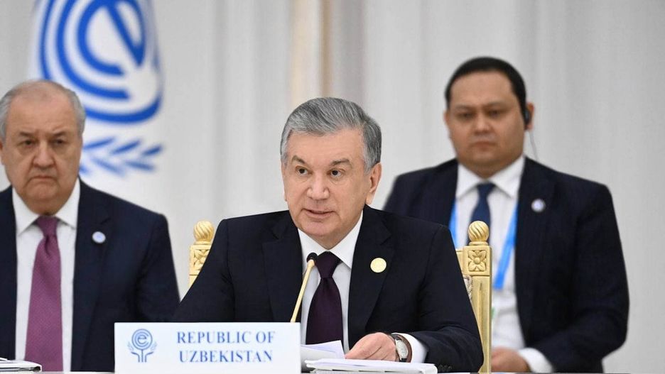 ASHGABAT, TURKMENISTAN - NOVEMBER 28: (----EDITORIAL USE ONLY â MANDATORY CREDIT - "PRESIDENCY OF AZERBAIJAN / HANDOUT" - NO MARKETING NO ADVERTISING CAMPAIGNS - DISTRIBUTED AS A SERVICE TO CLIENTS----) President of Uzbekistan Shavkat Mirziyoyev speaks during the 15th Summit of Economic Cooperation Organization in Ashgabat, Turkmenistan on November 28, 2021. (Photo by Presidency of Uzbekistan/Handout/Anadolu Agency via Getty Images)