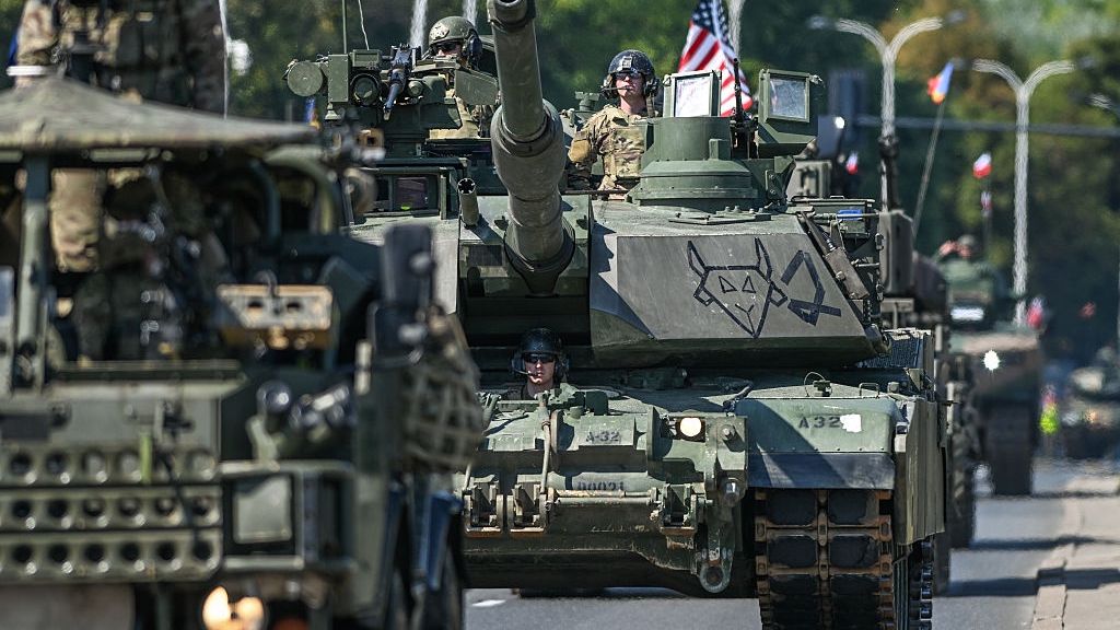Poland Marks 105th Anniversary Of Battle Of Warsaw With Record-Breaking Armed Forces Parade
WARSAW, POLAND  AUGUST 15: 
U.S. Army M1 Abrams tanks are seen taking part in the Armed Forces Day parade, commemorating Poland's 1920 victory over the Soviet Red Army and marking the 105th anniversary of the Battle of Warsaw, in Warsaw, Poland, on August 15, 2025.The event featured more than 4,000 Polish troops, about 200 soldiers from allied NATO nations, around 300 military vehicles, and nearly 50 aircraft, making it the largest parade in the country's history. (Photo by Artur Widak/NurPhoto via Getty Images)
NurPhoto
polish armed forces, armed forces showcase, u.s. army, spectacle, defense forces, military fleet, ceremonial parade, 1920 victory, tank, armored vehicles, hardware, tank brigade, heavy machinery, defense, combat readiness, demonstration, modern tanks, us-poland relations, power, armored warfare, national defense, combat, battle of warsaw, 105th anniversary, military ceremony, polish, heavy armor, armored battalion, strategic forces, international, army parade, military display, mechanized units, tactics, armored combat