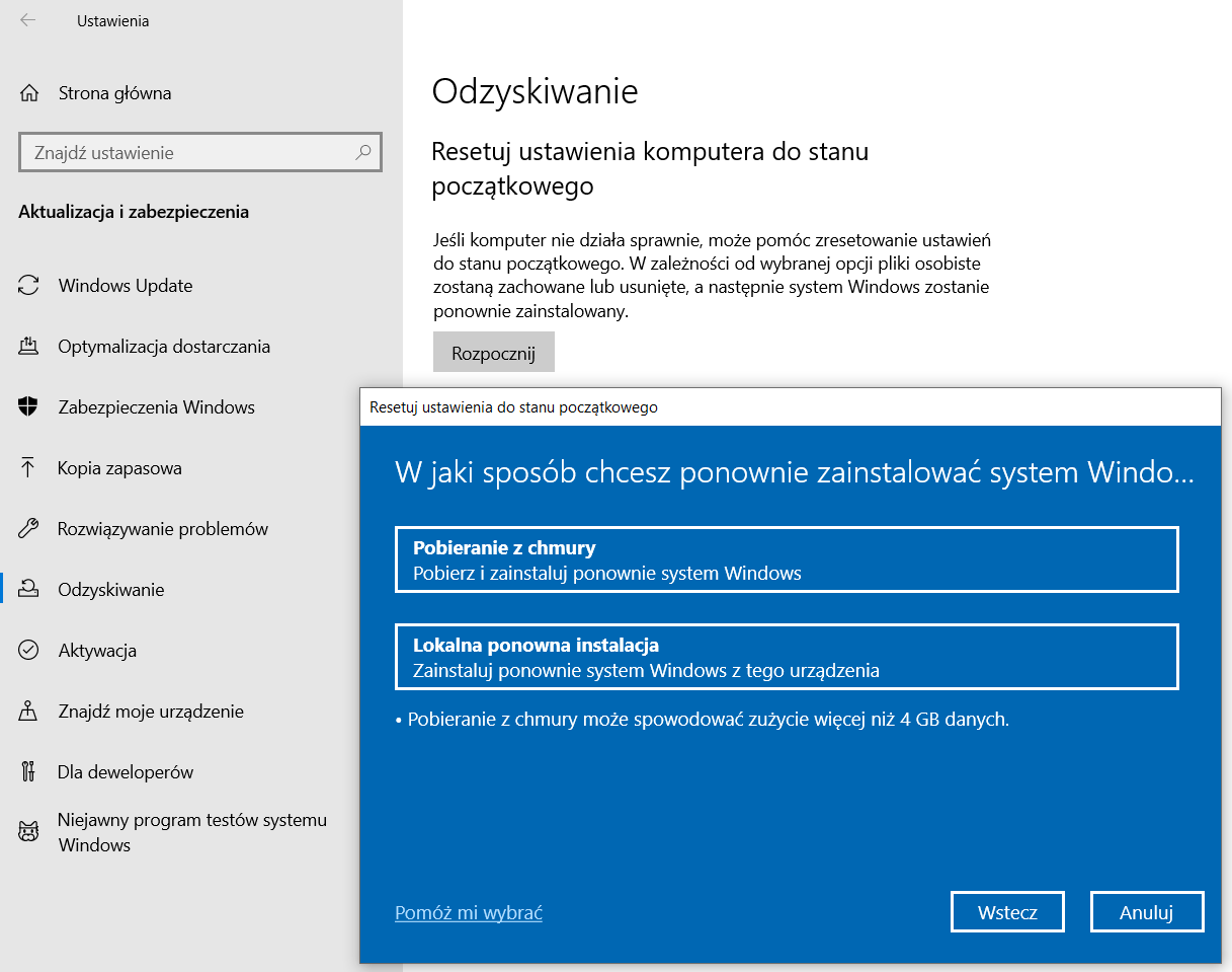Po majowej aktualizacji Windowsa 10 można ponownie zainstalować także prosto z chmury, fot. Oskar Ziomek.
