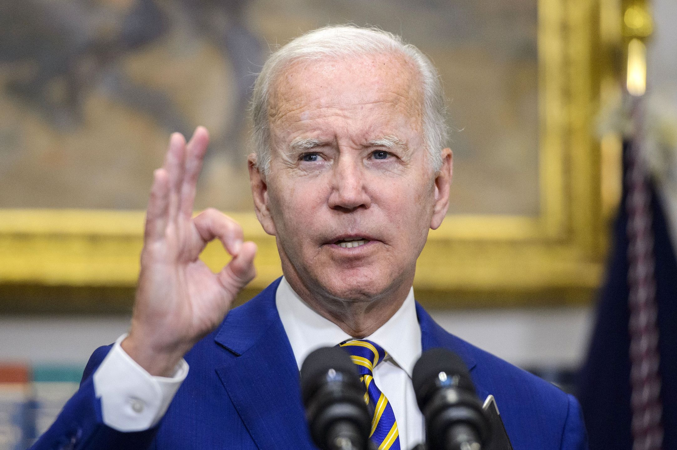 US President Joe Biden speaks during a news conference in the Roosevelt Room of the White House in Washington, DC, US, on Wednesday, Aug. 24, 2022.  Biden announced a sweeping package of student-debt relief that forgives as much as $20,000 in loans for some recipients, a move he said would help a generation saddled with unsustainable debt. Photographer: Bonnie Cash/UPI/Bloomberg via Getty Images