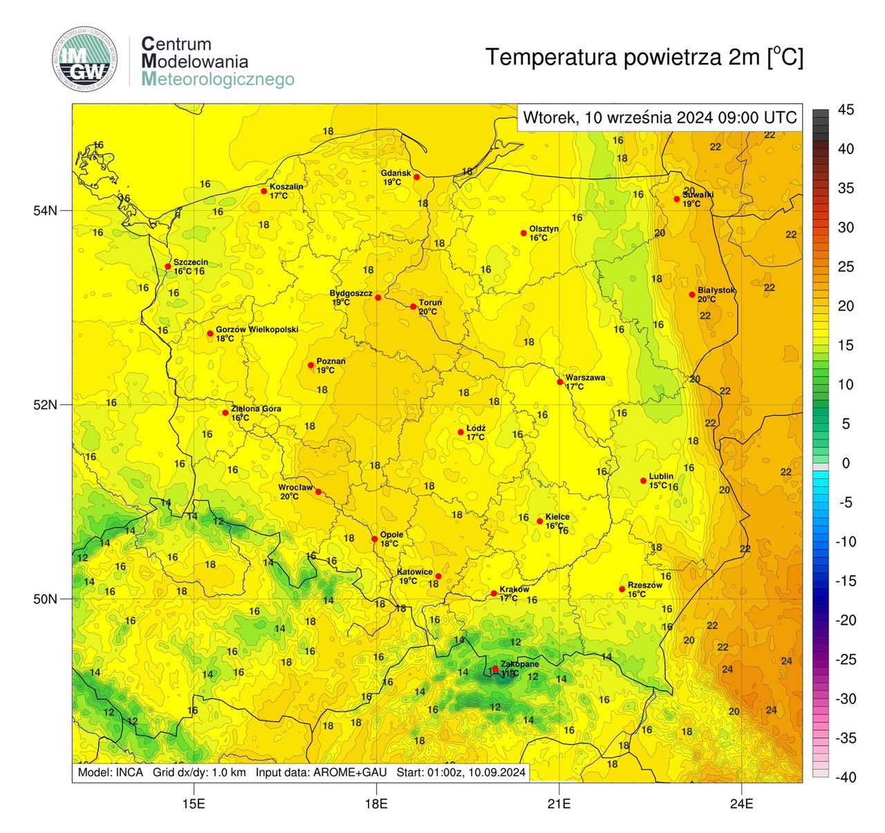 Temperatura maksymalna we wtorek o godzinie 09:00