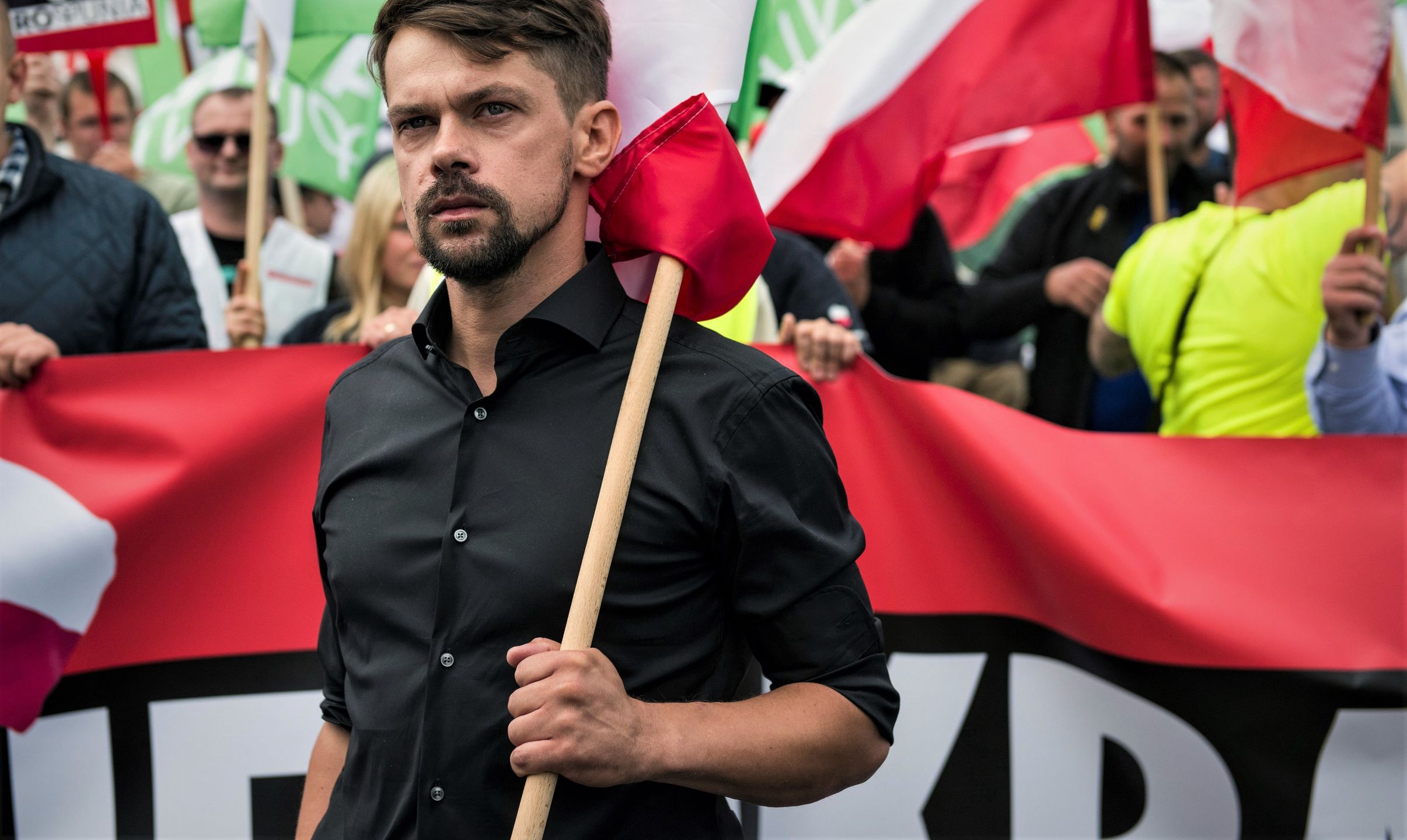 Michał Kołodziejczak na proteście Agrounii w Warszawie, 07.07.2022 r.