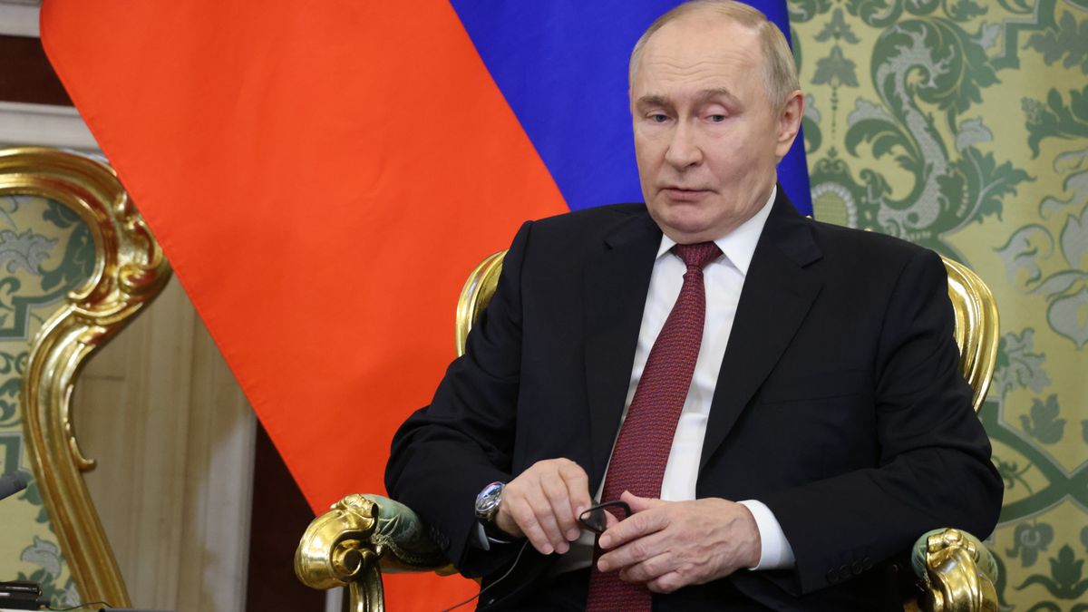 MOSCOW, RUSSIA - OCTOBER 15:  (RUSSIA OUT) Russian President Vladimir Putin grimases during his meeting with Syrian Leader Ahmed al-Sharaa (not pictured) at the Kremlin, October 15, 2025, in Moscow, Russia. Vladimir Putin hosts Syrian President Ahmad al-Sharaa in his first visit to Russia. (Photo by Contributor/Getty Images)