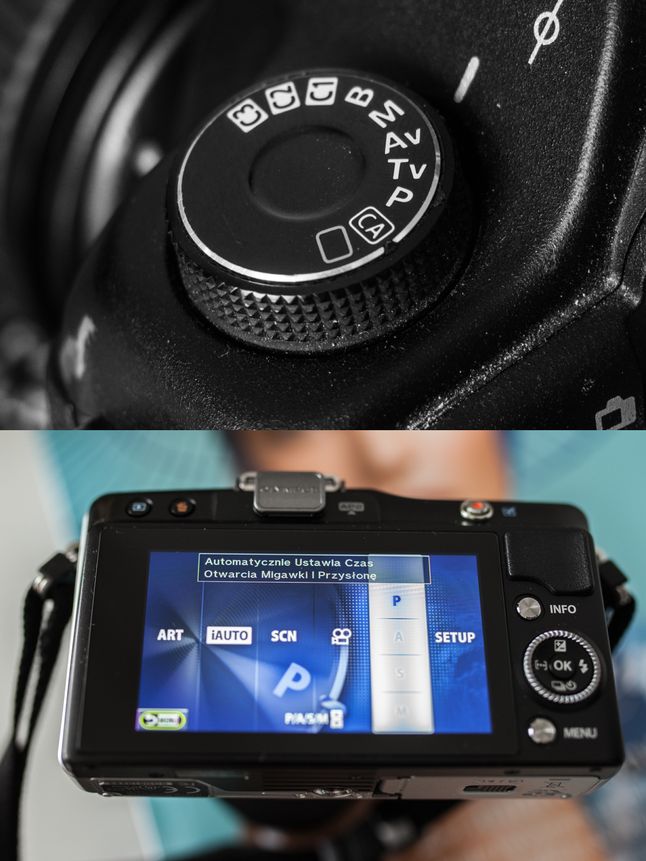 Zdjęcie u góry pokazuje koło trybów Canona 5D Mark II, natomiast dolne - Olympusa E-PM2, w którym tryby wybieramy w menu.