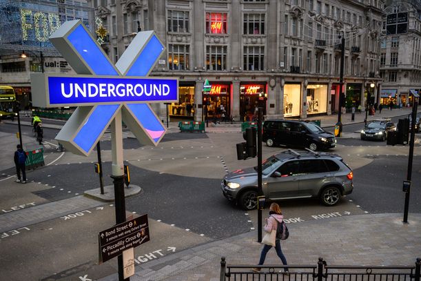 LONDON, ENGLAND - NOVEMBER 19: Temporary replacements for the traditional Transport for London roundels at Oxford Circus station showing the Playstation button designs are seen as the PS5 goes on sale in the UK, on November 19, 2020 in London, England. The first generational upgrade to Sony's line of Playstation consoles since 2013, the launch has seen pre-orders sell out within hours and websites crash as retailers attempt to keep up with demand. (Photo by Leon Neal/Getty Images)