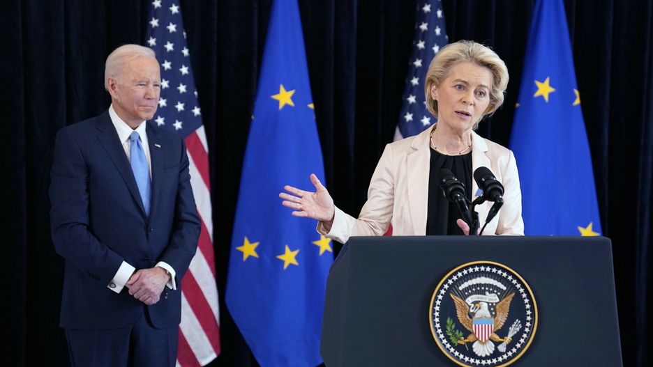 TemporaryPresident Joe Biden and European Commission President Ursula von der Leyen talk to the press about the Russian invasion of Ukraine, at the U.S. Mission in Brussels, Friday, March 25, 2022, in Brussels. (AP Photo/Evan Vucci)AP
