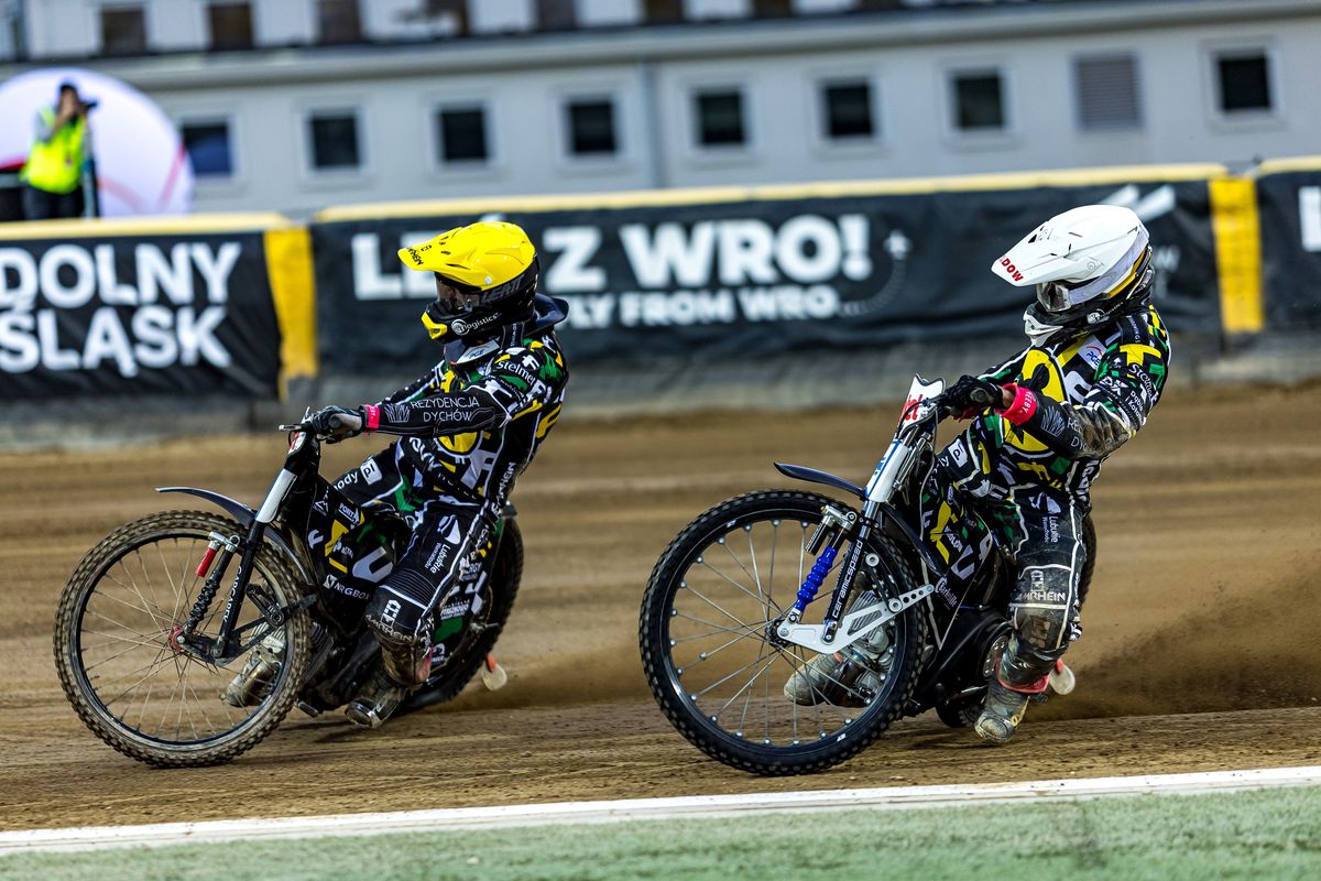 Przemyslaw Pawlicki and Rasmus Jensen are competing in a PGE Ekstraliga speedway match between BETARD Sparta Wroclaw and Novyhotel FALUBAZ Zielona Gora in Wroclaw, Poland, on April 12, 2024. (Photo by Mateusz Birecki/NurPhoto via Getty Images)